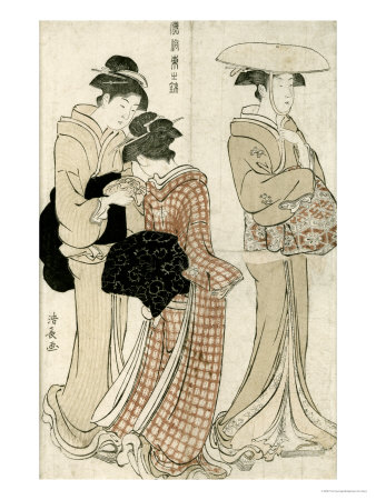 Young Woman Wearing a Wide Straw Hat, Companion Carrying a Furoshiki, Fuzoku Azuma No Nishiki