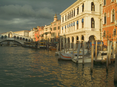 Sunset View of Storm Clouds and Boats on the Grand Canal, Venice, Italy