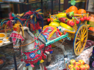 Miniature Sicilian Horsecart and Marzipan Candy, Corso Umberto 1, Taormina, Sicily, Italy