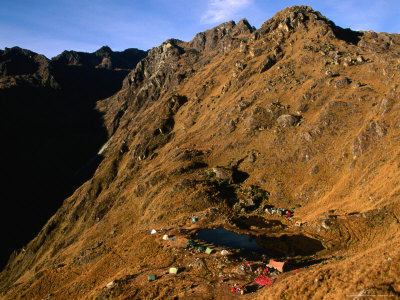 "Hikers" Campsite Below Pass of Runkuracay on Inca Trail to Machu Picchu, Cuzco, Peru