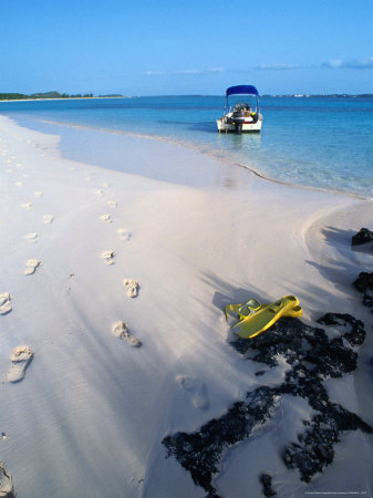 Buy Empty Beach with Snorkelling Gear and Sandy Footprints Near Georgetown, George Town, Bahamas at AllPosters.com