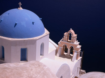 Dome and Bell Tower of Cliffside Church Facing Southern Aegean Sea, Oia, Santorini Island, Greece