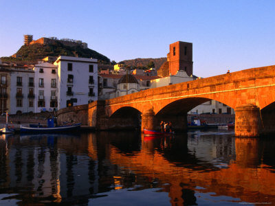 Pontevecchio Bridge Reflected in the River Temo with Castella Malaspina, Bosa, Sardinia, Italy