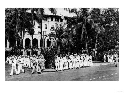 Hawaii - Navy Boys Waiting for Bus Outside YMCA Photograph