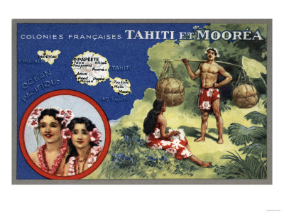 Buy Tahiti - Map of the Island and Moorea Island, Natives Wearing Lais at AllPosters.com