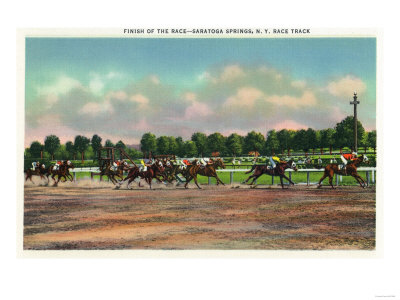 Saratoga Springs, New York - Jockeys Finishing Horse Race at Race Track