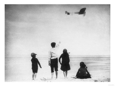 Children Watching Louis Bleriot Flying Plane Photograph - Calais, France