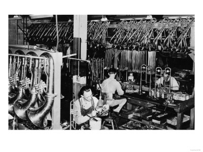 Interior View of a Brass Instrument Factory, Tubas and Trombone
