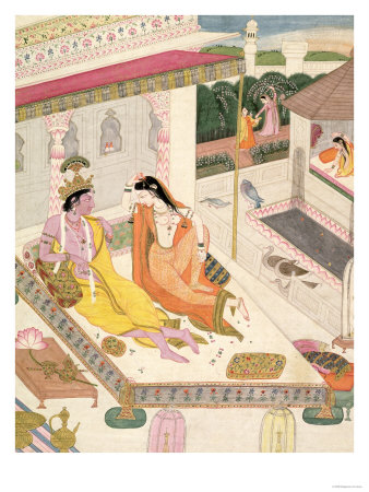 Krishna and Radha on a Bed in a Mogul Palace, Punjab, c.1860