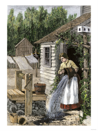 Woman in Cottage Doorway Emptying a Slop Bucket Near a Well