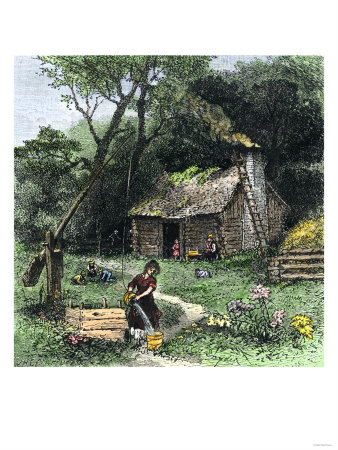 Pioneer Woman Getting Water from a Well Near Her Log Cabin, Carolina