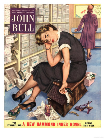 John Bull, Tired Fed-Up Stress Exhausted Sales Assistants Shoes Sales Shopping Magazine, UK, 1954