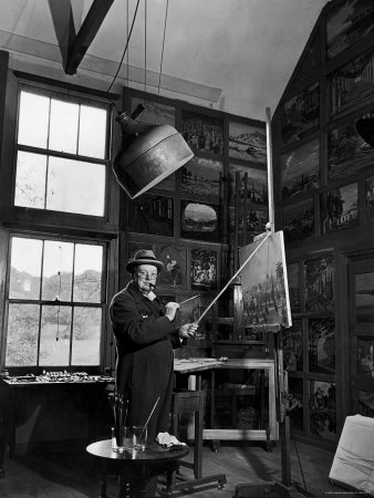 Former PM Winston Churchill Smoking a Cigar in His Studio Dressed in His Blue RAF Siren Jump Suit