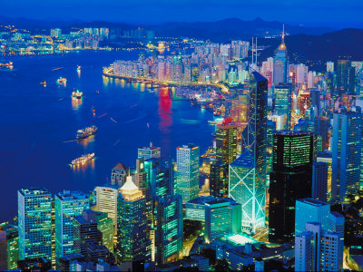 Aerial View of City Skyline in Hong Kong, China at Night