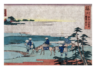 Pilgrims at a Bridge on the Tokaido Road, Japanese Wood-Cut Print