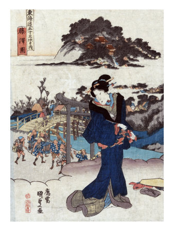 View of Fujisawa, Japanese Wood-Cut Print