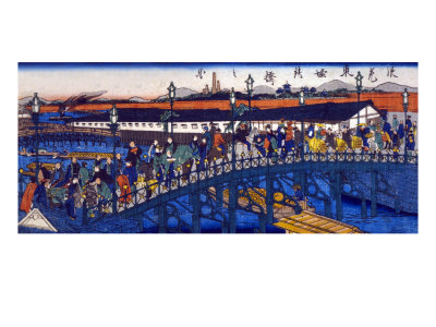 Steel Bridge at Higashibori, Osaka, Japanese Wood-Cut Print