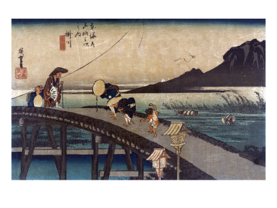 Travelers Crossing a Bridge on a Windy Day, Japanese Wood-Cut Print