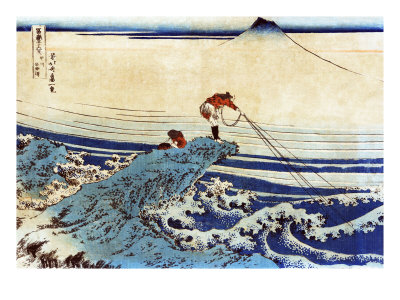 Man Fishing with Mount Fuji in the Background, Japanese Wood-Cut Print