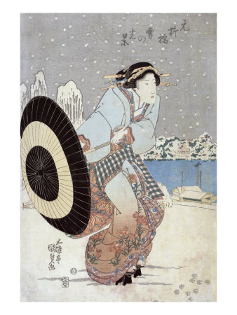 Night Snow Scene at Motonoyanagi Bridge, Japanese Wood-Cut Print