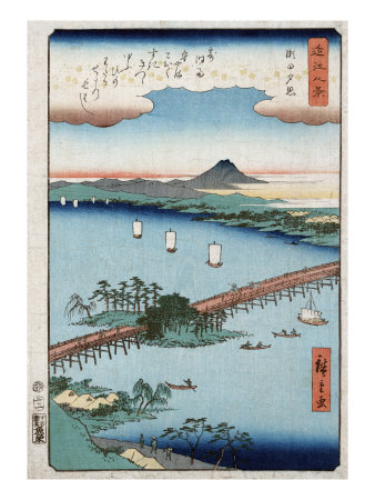 Long Bridge and Boats on a River, Japanese Wood-Cut Print