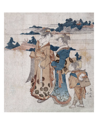 Beauties Visiting a Shrine, Japanese Wood-Cut Print