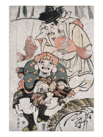 Ebisu and Daikaku Celebrating, Japanese Wood-Cut Print