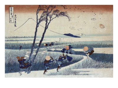Strong Wind Blows away Belongings with Mount Fuji in the Back, Japanese Wood-Cut Print
