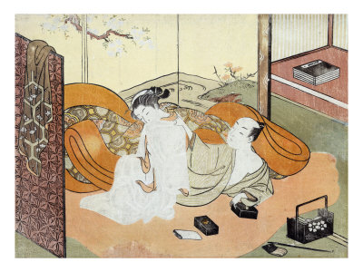 Courtesan and Her Guest in Bed, Japanese Wood-Cut Print
