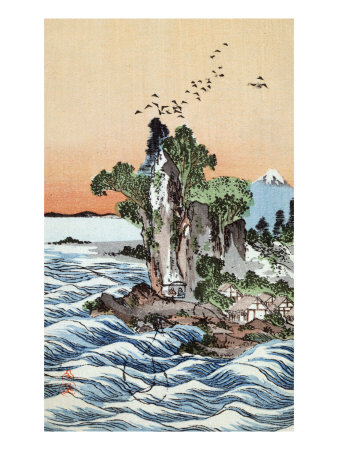 Seacoast Village Shichirigahama with View of Mount Fuji, Japanese Wood-Cut Print