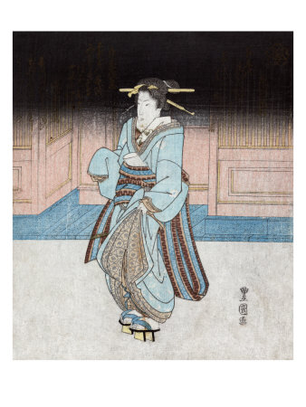 Geisha on an Evening Stroll in Fukagawa, Japanese Wood-Cut Print