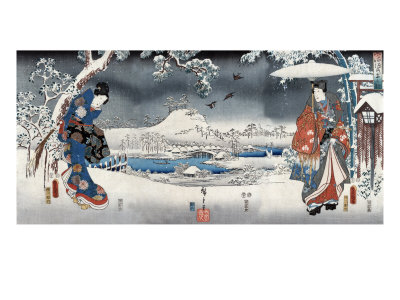 Modern Version of the Tale of Genji in Snow Scenes, Japanese Wood-Cut Print