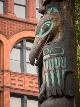 Totem Pole and Pioneer Building at Historic Pioneer Square, Seattle, Washington, USA