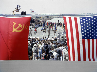 Soviet and American Flags Blowing over Welcoming Ceremonies for Soviet Premier Nikita Khrushchev