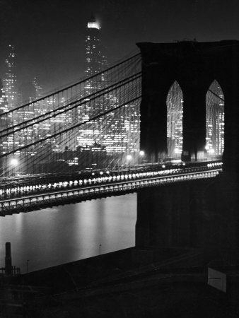 Buy Glittering Night View of the Brooklyn Bridge Spanning the Glassy Waters of the East River at AllPosters.com