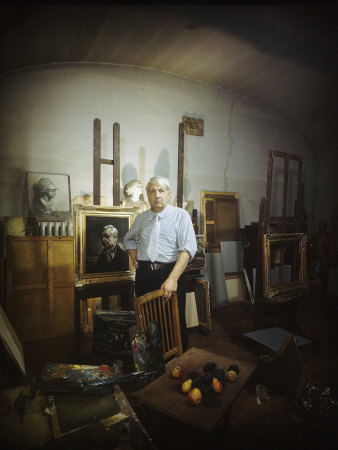 Italian Painter Giorgio de Chirico in His Studio with Many Pieces of His Work around Him