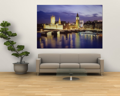Buildings Lit Up at Dusk, Big Ben, Houses of Parliament, London, England