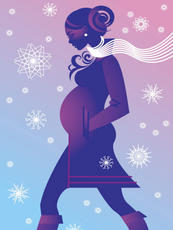 Glamorous Pregnant Woman Walking in Winter Snow