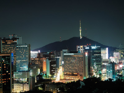 Buildings Illuminated by Lights at Night in Seoul, Korea