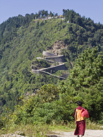Novice Monk Walking Along Road to Sangachoeling Gompa, Pelling, Sikkim, India