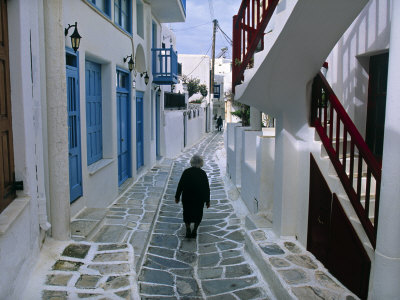 Woman Walking Down an Alley, Mykonos Town, Mykonos, Greece