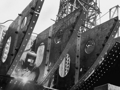 Welder Securing Steel Structure While Working on Hull of a Ship, Bethlehem Shipbuilding Drydock