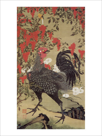 Japanese Rooster with Two Birds