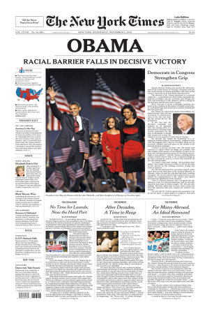 New York Times, Nov. 5, 2008: OBAMA, Racial Barrier Falls in Decisive Victory