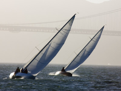 Buy Two Sailboats Race Upwind Towards the Golden Gate Bridge, San Francisco Bay, California at AllPosters.com