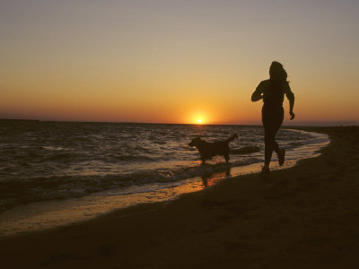 Buy Woman and Her Dog Running Along Currituck Sound Beach at Sunset, Nags Head, North Carolina at AllPosters.com
