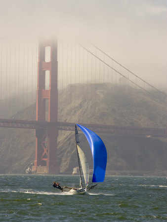 Buy International 14 Skiff Sails under the Golden Gate Bridge, San Francisco Bay, California at AllPosters.com