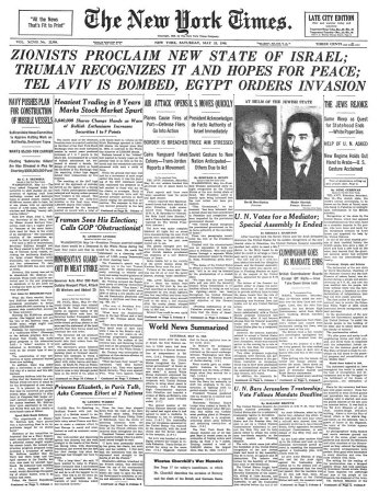 New York Times, May 15, 1948: Israel Statehood