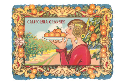 Graphic of Woman Holding Plate of Oranges, California