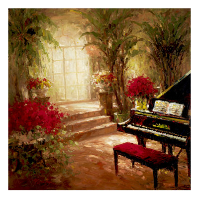 music room with grand piano, bench, and open music, palms, arched window, and red plants